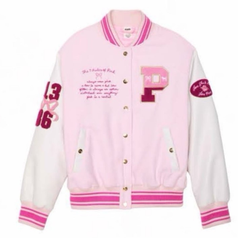 LoveShackFancy Pink and White Varsity Jacket